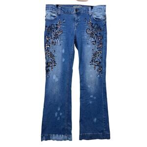 Allen B Embellished‎ Bootcut Jeans Blue Denim Beaded Flare W32